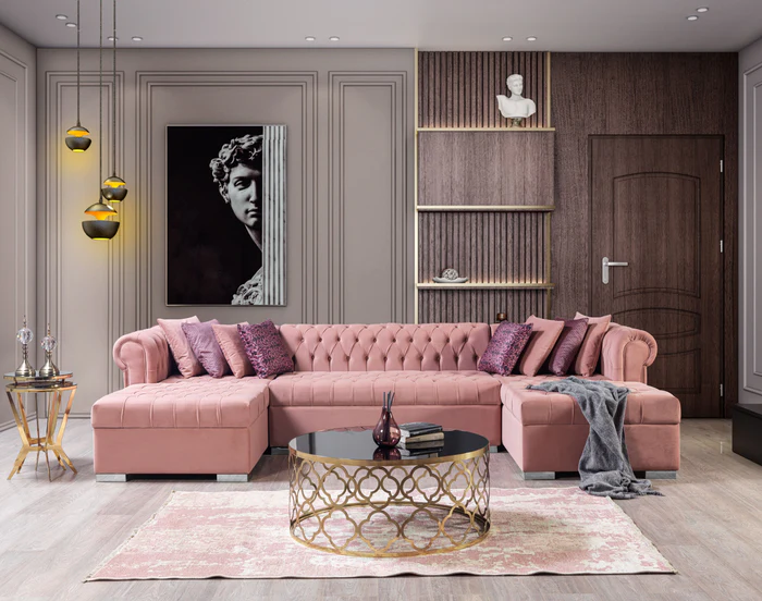 Lauren Pink Velvet Double Chaise 136 Sectional