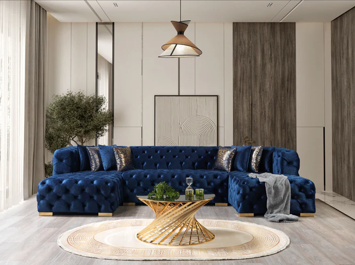 Neva Blue Velvet Double Chaise 138 Sectional