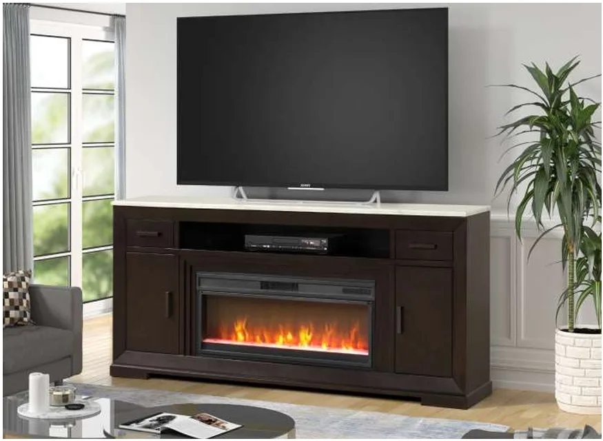 C2126-Avalon-83-Inch-Brown-Media-Console-Tv-Stand-Flex-Server-With-Faux-White-Marble-Top-And-Fireplace-A-Plus