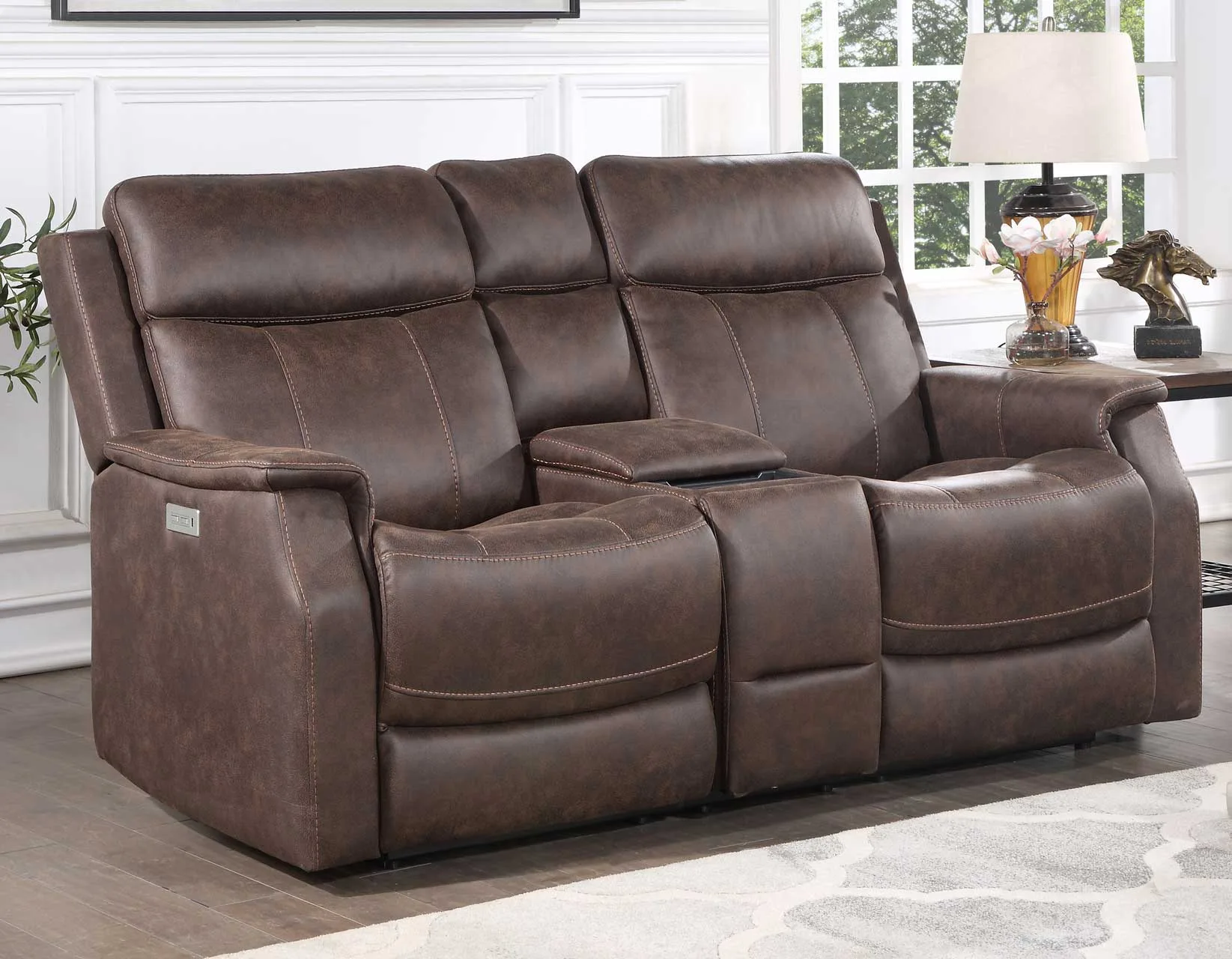 Valencia Dual-Power Leatherette Reclining Console Loveseat Walnut