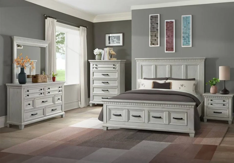 B-10530-5-QSB McCoy Antique White Bedroom Set By Elements