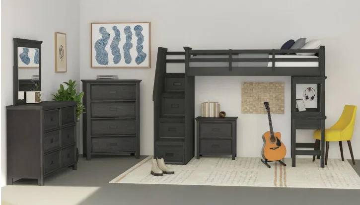 Hampton Kids Charcoal Twin Loft Bed with Desk and Speaker