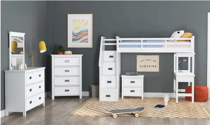 Hampton Kids White Twin Loft Bed with Desk and Speaker