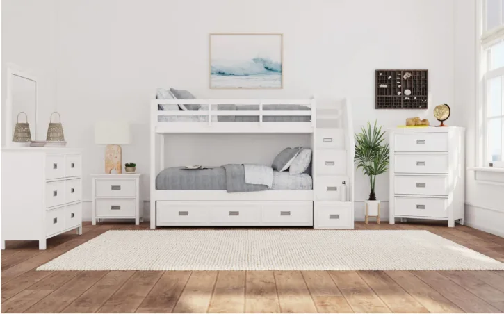 Hampton Kids White Twin Bunk Bed with Staircase and Trundle