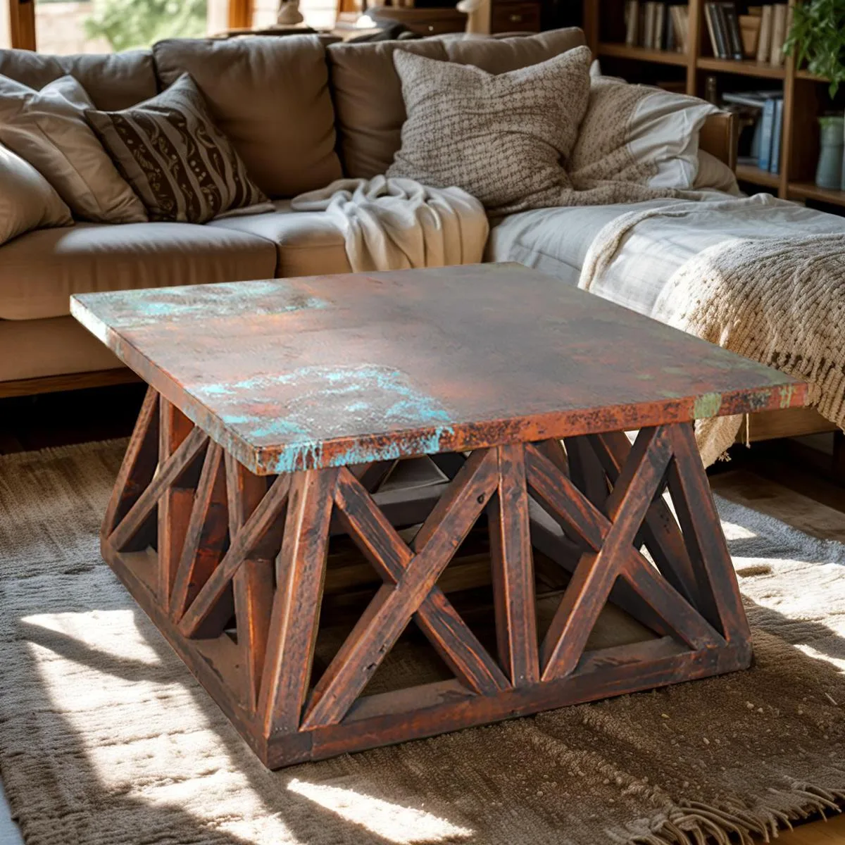 Roughneck Rustic Wood & Copper Coffee Table