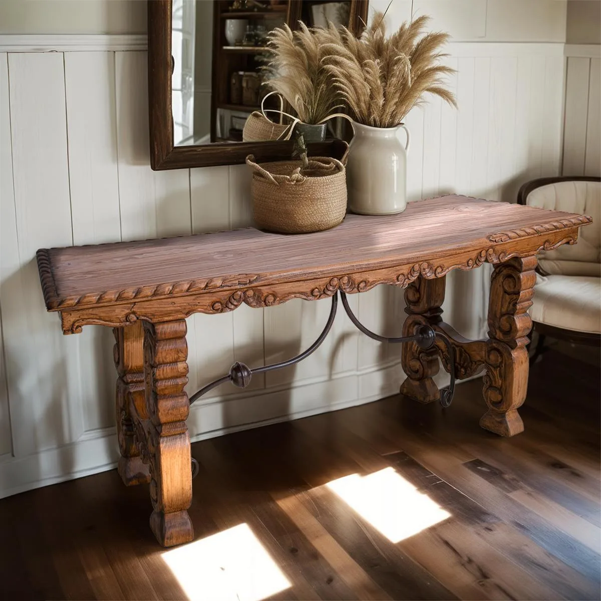 Pine Carved Curved Desk