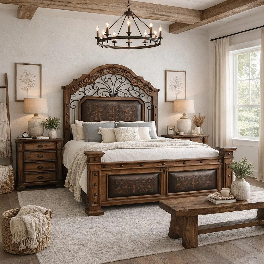 Queen Tooled Leather Bed With With Iron