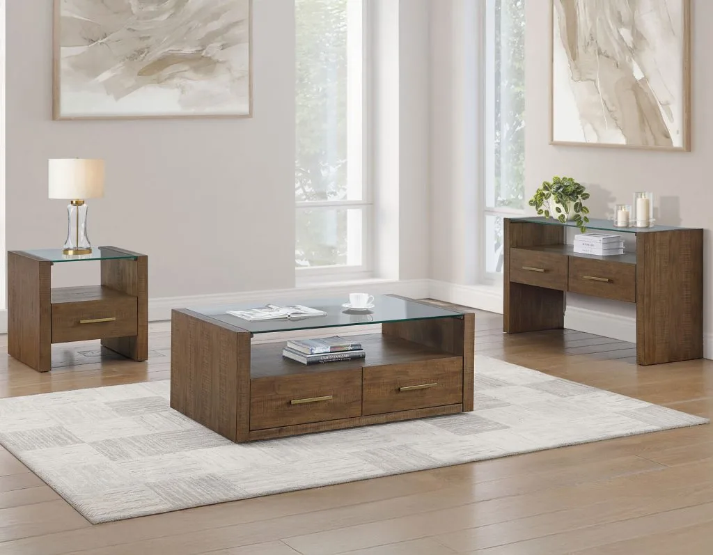 Garland, Glass Top Brown Cocktail Table, End Table, Sofa Table