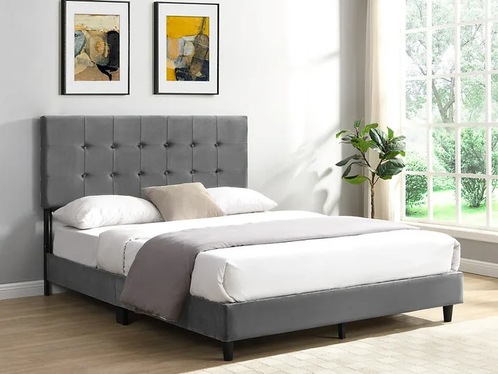 Gray Upholstered Queen Platform Bed