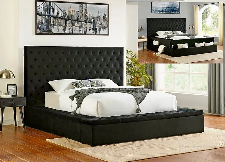 Black Upholstered Queen Platform Bed