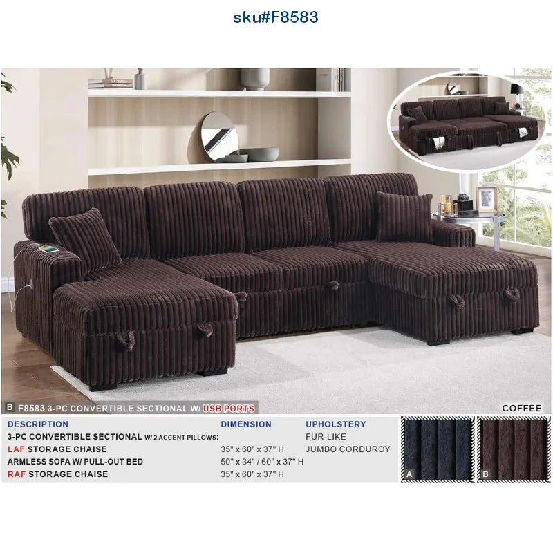 3pcs Convertible Sleeper Sectional Coffee Brown