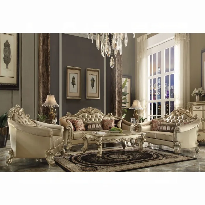 53120 Vendome II Bone Leatherette & Gold Patina Sofa W-5 Pillows