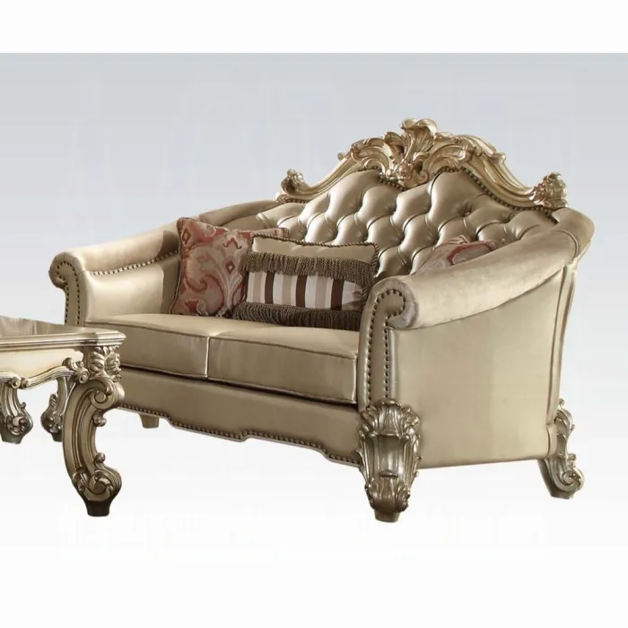 Vendome II Bone Leatherette & Gold Patina Sofa W/ 5 Pillows - Image 2