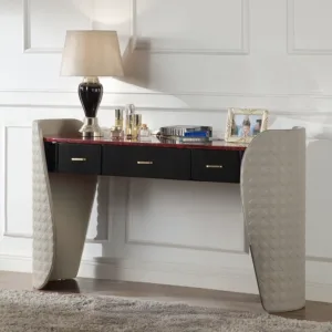 Jamonica Gray Leatherette & Glossy Wood Grain Top Vanity Desk