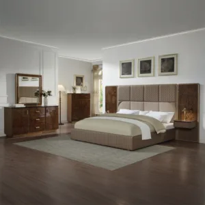 Marcelino Brown & Beige Microfiber Leather & Glossy Wood Grain King Bedroom Set