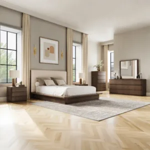 Zoey Cream Linen & Brown Oak Queen Bedroom Set