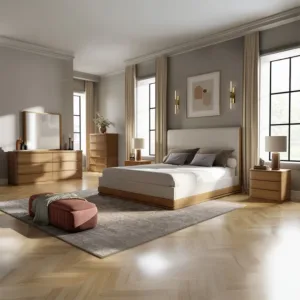 Zoey Beige Fabric & Oak Queen Bedroom Set
