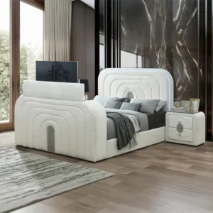Shelyn White w/LED, TV Cabinet, Fireplace & Bluetooth Queen Bedroom