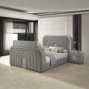 Shelyn Grey w/LED, TV Cabinet, Fireplace & Bluetooth Queen Bedroom